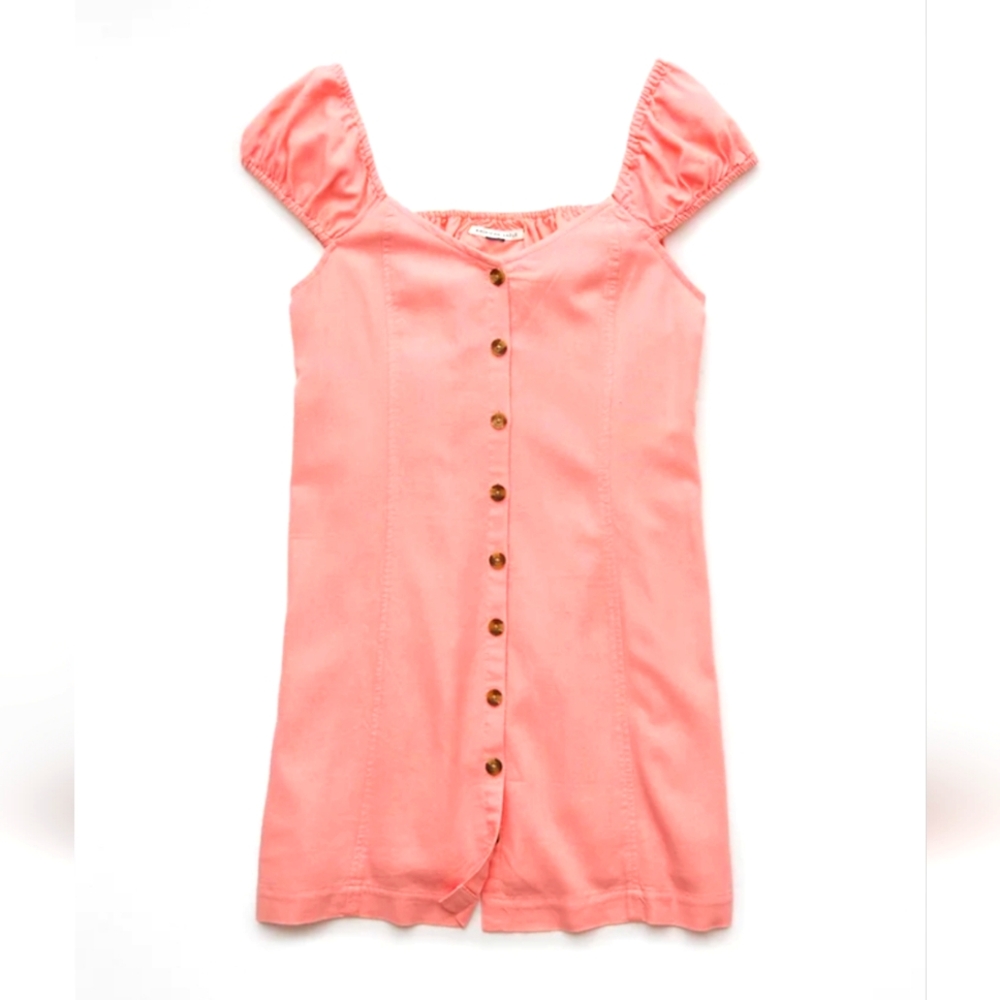 NWT AE Coral Pink Mini Dress Button Front Detail Puff Sleeve